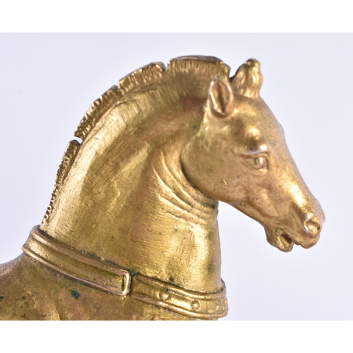 1348 - A FINE PAIR OF EARLY 19TH CENTURY GRAND TOUR GILT BRONZE HORSES possibly Venetian. 17 cm x 17 cm.