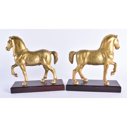 1348 - A FINE PAIR OF EARLY 19TH CENTURY GRAND TOUR GILT BRONZE HORSES possibly Venetian. 17 cm x 17 cm.