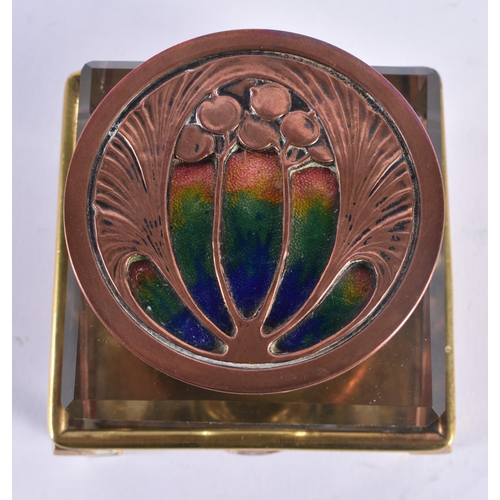 1350 - A FINE ARTS AND CRAFTS COPPER BRASS AND ENAMEL INKWELL of organic form. 7.75 cm square.