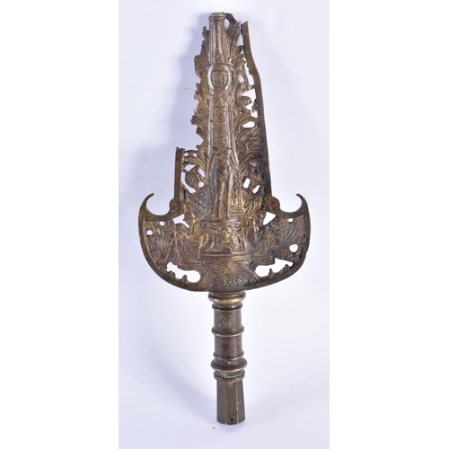 1354 - A RARE 18TH CENTURY EUROPEAN BRONZE HALBERD STAFF decorated with figures and motifs. 38 cm x 14 cm.