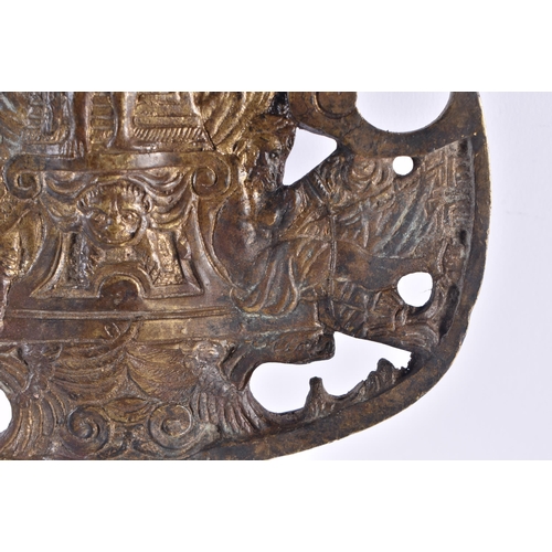 1354 - A RARE 18TH CENTURY EUROPEAN BRONZE HALBERD STAFF decorated with figures and motifs. 38 cm x 14 cm.