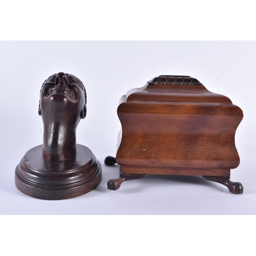 1377 - AN ANTIQUE CONTINENTAL TREEN CARVED WOOD COAT HANGER together with a Victorian mahogany money box. L... 