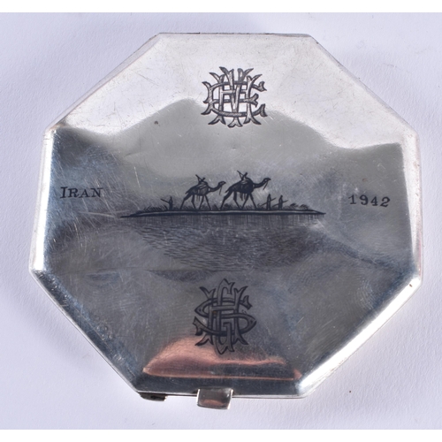 1385 - MILITARY INTEREST, AN IRANIAN NIELLO SILVER CAMEL BOX. 100.3 grams. 7.5 cm wide.