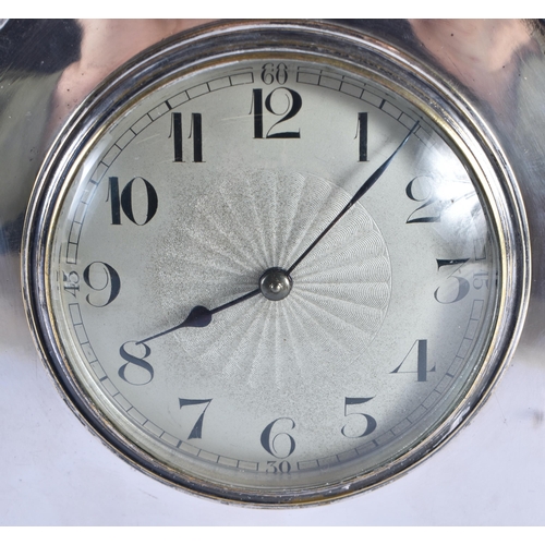 1397 - A 19TH CENTURY ENGLISH SILVER PLATED MANTEL CLOCK decorated with classical figures. 23 cm x 15 cm.