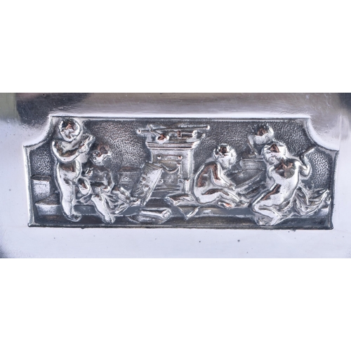 1397 - A 19TH CENTURY ENGLISH SILVER PLATED MANTEL CLOCK decorated with classical figures. 23 cm x 15 cm.