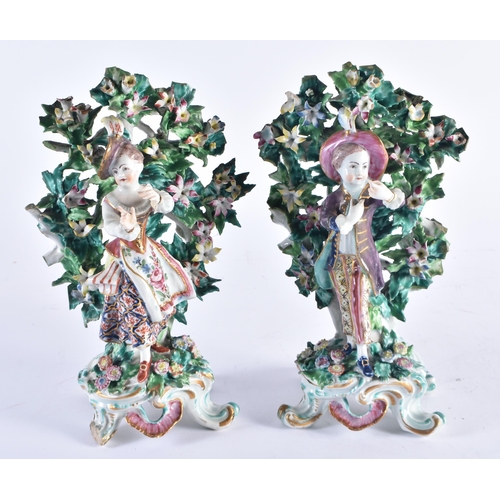 1398 - A PAIR OF 18TH CENTURY CHELSEA OR BOW PORCELAIN BROCAGE GROUPS formed with figures before rococo bas... 