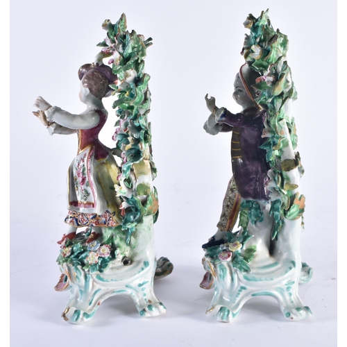 1398 - A PAIR OF 18TH CENTURY CHELSEA OR BOW PORCELAIN BROCAGE GROUPS formed with figures before rococo bas... 