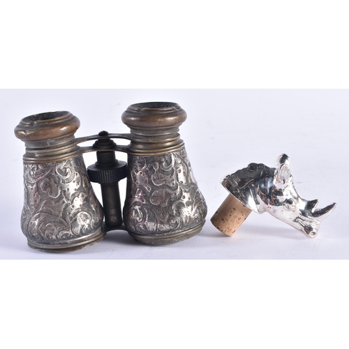 1400 - A PAIR OF VICTORIAN SILVER OPERA GLASSES together with a silver rhinoceros bottle stopper. Largest 9... 