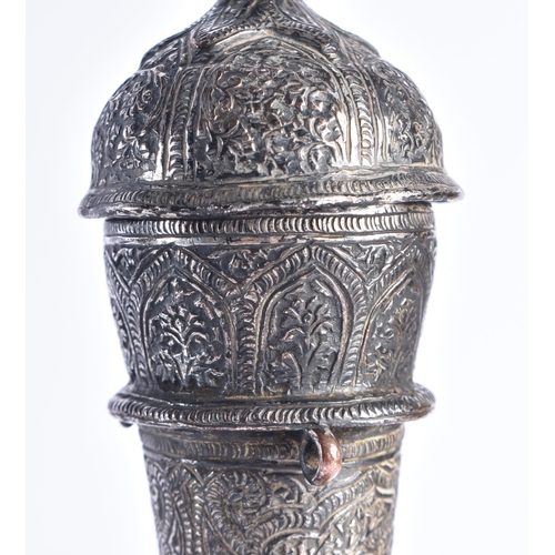 1401 - A PAIR OF 19TH CENTURY ISLAMIC PERSIAN SILVER VASES AND COVERS decorated with foliage and vines. 905... 