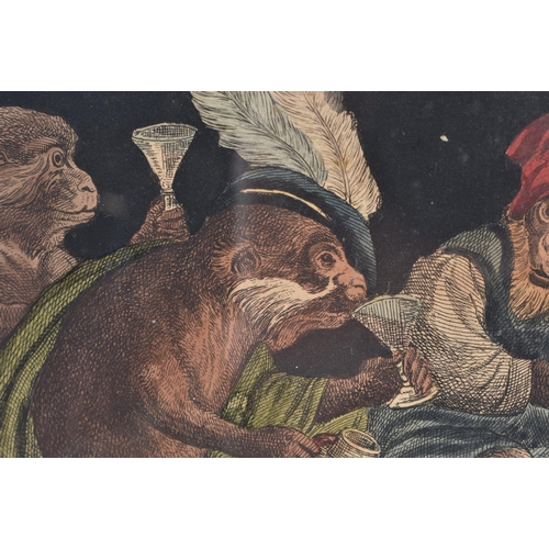 1403 - AN EARLY 19TH CENTURY MONKEY ENGRAVING 'THE CARD PARTY' D Teniers. 38 cm x 34 cm.