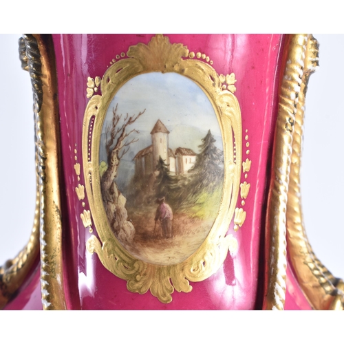 1409 - A LARGE EARLY 19TH CENTURY ENGLISH PORCELAIN VASE AND COVER painted with river scenes upon a rich gi... 