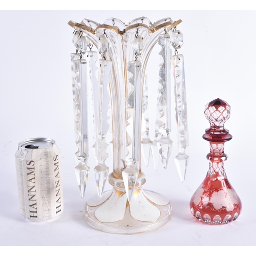 1411 - AN ANTIQUE BOHEMIAN GLASS TABLE LUSTRE together with a Bohemian scent bottle. Largest 29 cm high. (2... 