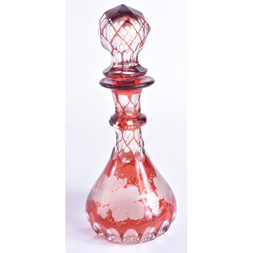 1411 - AN ANTIQUE BOHEMIAN GLASS TABLE LUSTRE together with a Bohemian scent bottle. Largest 29 cm high. (2... 