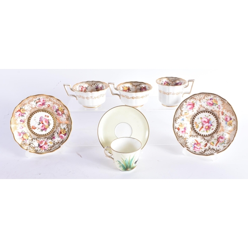 1414 - A PAIR OF EARLY 19TH CENTURY COALPORT PORCELAIN CUPS AND SAUCERS together with another matching cup ... 