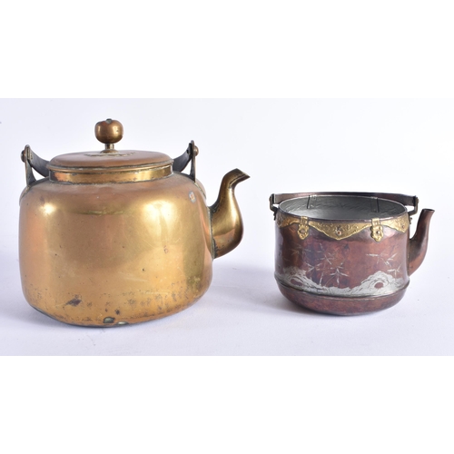 1416 - TWO LATE 19TH CENTURY JAPANESE MEIJI PERIOD MIXED METAL PAKTONG TEAPOTS. Largest 16 cm wide. (2)