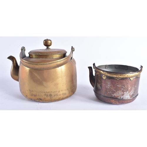 1416 - TWO LATE 19TH CENTURY JAPANESE MEIJI PERIOD MIXED METAL PAKTONG TEAPOTS. Largest 16 cm wide. (2)