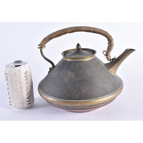 1417 - AN ARTS AND CRAFTS BENSON STYLE COPPER AND BRASS TEAPOT. 24 cm x 21 cm.