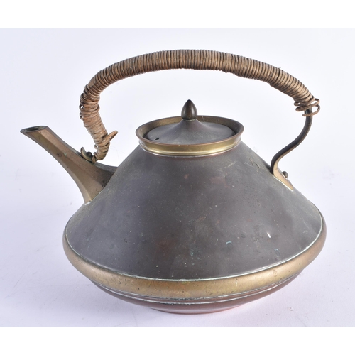 1417 - AN ARTS AND CRAFTS BENSON STYLE COPPER AND BRASS TEAPOT. 24 cm x 21 cm.