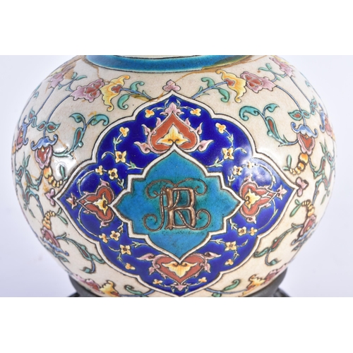 1418 - A 19TH CENTURY FRENCH LONGWY STYLE ENAMELLED POTTERY VASE modelled in the Iznik style. 39 cm high.