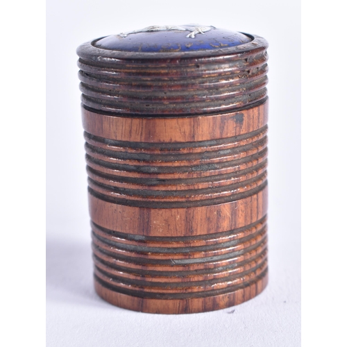 1445 - AN 18TH/19TH CENTURY ENGLISH BILSTON ENAMEL AND TREEN COIN HOLDER. 16 grams. 4 cm high.