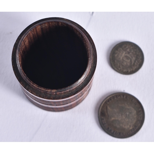 1445 - AN 18TH/19TH CENTURY ENGLISH BILSTON ENAMEL AND TREEN COIN HOLDER. 16 grams. 4 cm high.