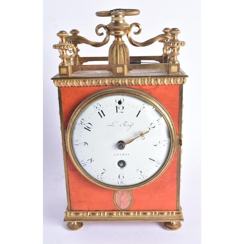 1449 - AN UNUSUAL EARLY 19TH CENTURY FRENCH BRONZE AND LACQUER LEROY A PARIS CLOCK with scrolling mounts an... 