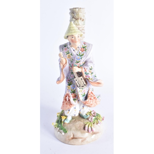 1453 - AN ANTIQUE CONTINENTAL PORCELAIN FIGURAL LAMP formed as a male in Chinese dress, together with a rar... 