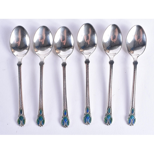 1455 - A SET OF ART DECO SILVER AND ENAMEL SPOONS. Birmingham 1937. 43 grams. 9.5 cm long. (6)