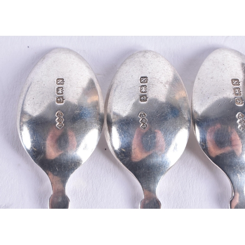 1455 - A SET OF ART DECO SILVER AND ENAMEL SPOONS. Birmingham 1937. 43 grams. 9.5 cm long. (6)