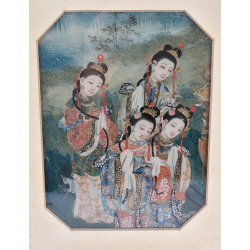 1457 - A PAIR OF 18TH CENTURY CHINESE REVERSE PAINTED PLAQUES Late Qianlong, depicting beauties within a la... 