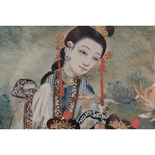 1457 - A PAIR OF 18TH CENTURY CHINESE REVERSE PAINTED PLAQUES Late Qianlong, depicting beauties within a la... 