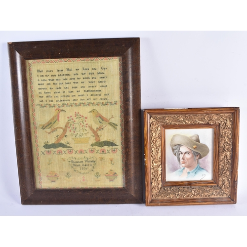 1458 - AN ANTIQUE PORCELAIN PLAQUE together with another framed picture. Largest 42 cm x 32 cm. (2)