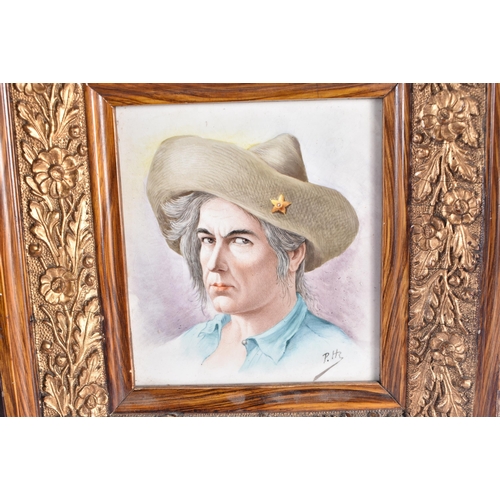 1458 - AN ANTIQUE PORCELAIN PLAQUE together with another framed picture. Largest 42 cm x 32 cm. (2)