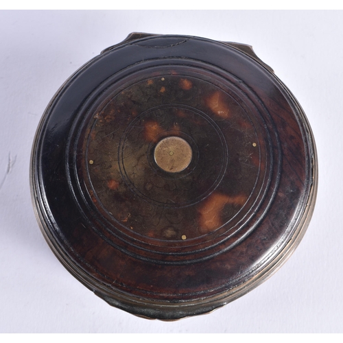 1465 - A LATE 18TH CENTURY ENGLISH CARVED HORN OVERSIZED SNUFF BOX with brass mounts. 9.25 cm diameter.