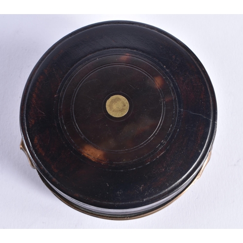 1465 - A LATE 18TH CENTURY ENGLISH CARVED HORN OVERSIZED SNUFF BOX with brass mounts. 9.25 cm diameter.