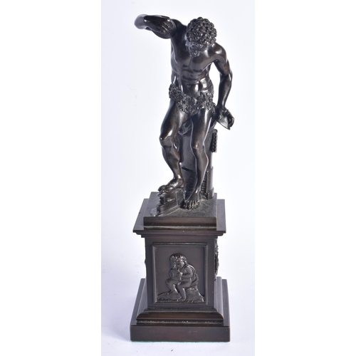 1470 - A 19TH CENTURY FIGURAL BRONZE SCULPTURE OF PAN mounted a square pedestal base with stepped foot. 37 ... 