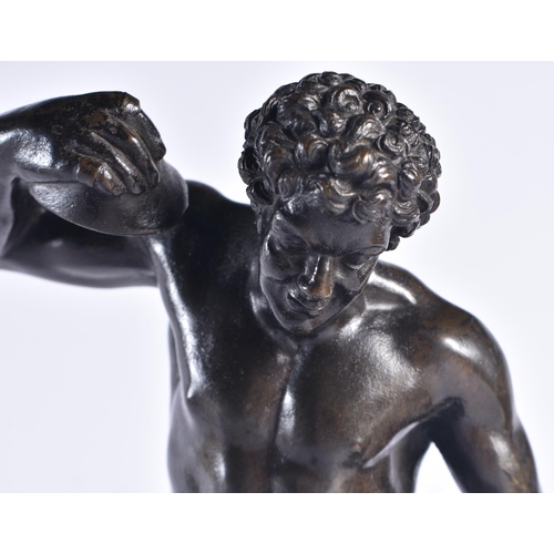 1470 - A 19TH CENTURY FIGURAL BRONZE SCULPTURE OF PAN mounted a square pedestal base with stepped foot. 37 ... 