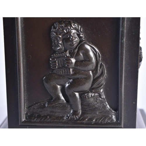 1470 - A 19TH CENTURY FIGURAL BRONZE SCULPTURE OF PAN mounted a square pedestal base with stepped foot. 37 ... 