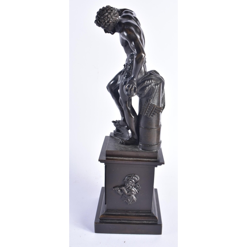 1470 - A 19TH CENTURY FIGURAL BRONZE SCULPTURE OF PAN mounted a square pedestal base with stepped foot. 37 ... 