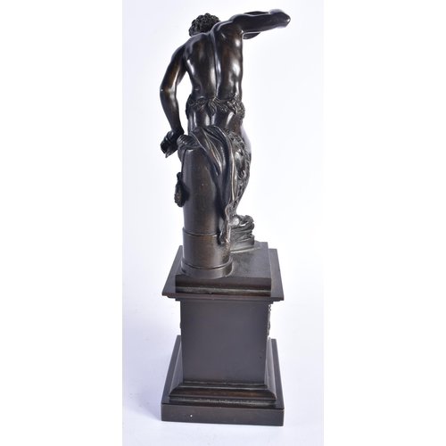 1470 - A 19TH CENTURY FIGURAL BRONZE SCULPTURE OF PAN mounted a square pedestal base with stepped foot. 37 ... 