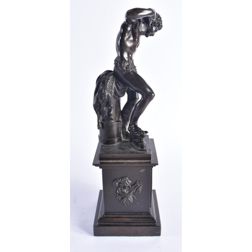 1470 - A 19TH CENTURY FIGURAL BRONZE SCULPTURE OF PAN mounted a square pedestal base with stepped foot. 37 ... 