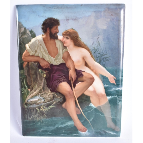 1472 - A LARGE LATE 19TH CENTURY CONTINENTAL PORCELAIN PLAQUE painted with a male holding a net of fish, be... 