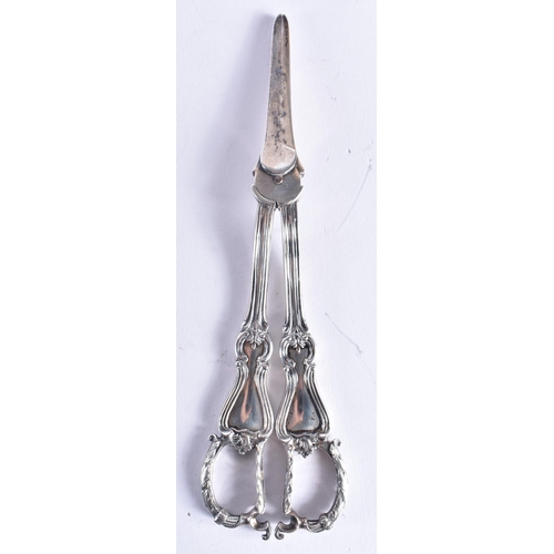 1481 - A PAIR OF ANTIQUE SILVER GRAPE SCISSORS together with a silver ash tray and silver tongs. 210 grams.... 