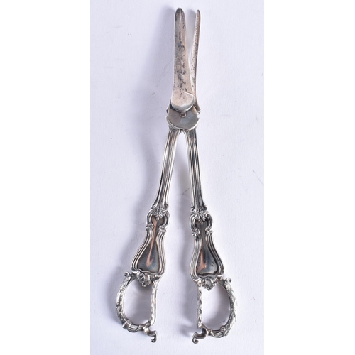 1481 - A PAIR OF ANTIQUE SILVER GRAPE SCISSORS together with a silver ash tray and silver tongs. 210 grams.... 