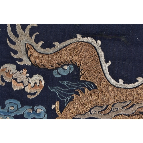 1482 - A 19TH CENTURY CHINESE SILK EMBROIDERED DRAGON PANEL Qing. 62 cm x 28 cm.