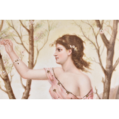 1488 - AN EARLY 20TH CENTURY CONTINENTAL KPM PORCELAIN PLAQUE depicting a female wearing a pink dress upon ... 