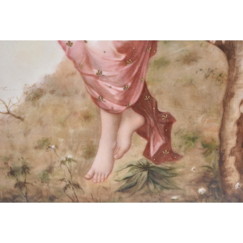 1488 - AN EARLY 20TH CENTURY CONTINENTAL KPM PORCELAIN PLAQUE depicting a female wearing a pink dress upon ... 