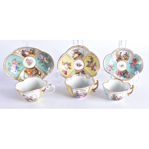 1495 - THREE 19TH CENTURY GERMAN AUGUSTUS REX DRESDEN CUPS AND SAUCERS. Largest 15 cm wide. (6)