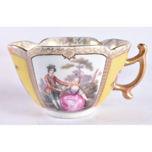 1495 - THREE 19TH CENTURY GERMAN AUGUSTUS REX DRESDEN CUPS AND SAUCERS. Largest 15 cm wide. (6)