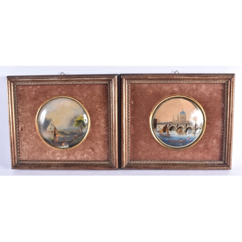 1500 - A RARE PAIR OF OVERSIZED EARLY 19TH CENTURY REVERSE PAINTED DOMED PANELS painted with river scenes. ... 